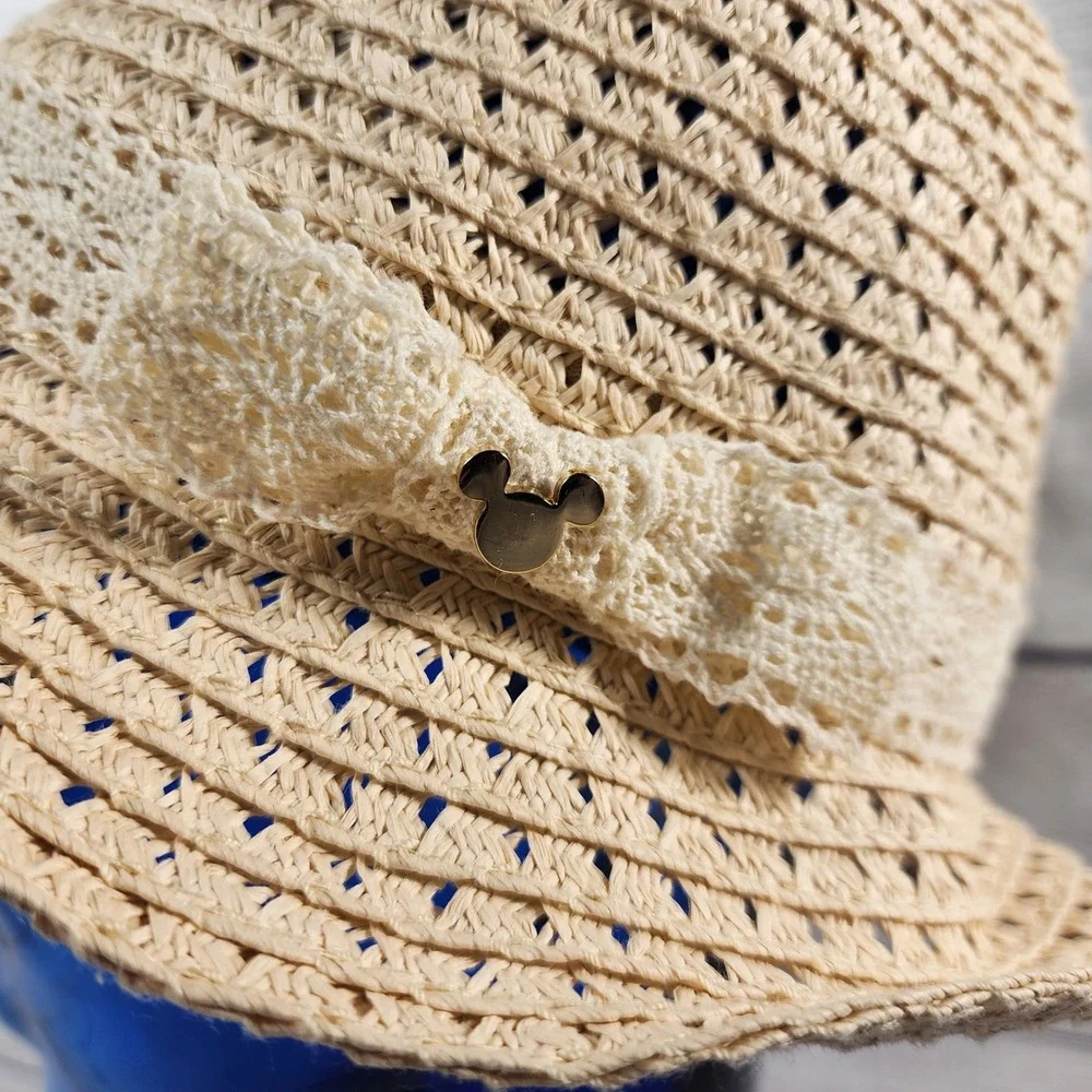 Disney Parks Mickey Mouse Lace Bow Straw Cloche Sun Hat Beige Adult 57cm